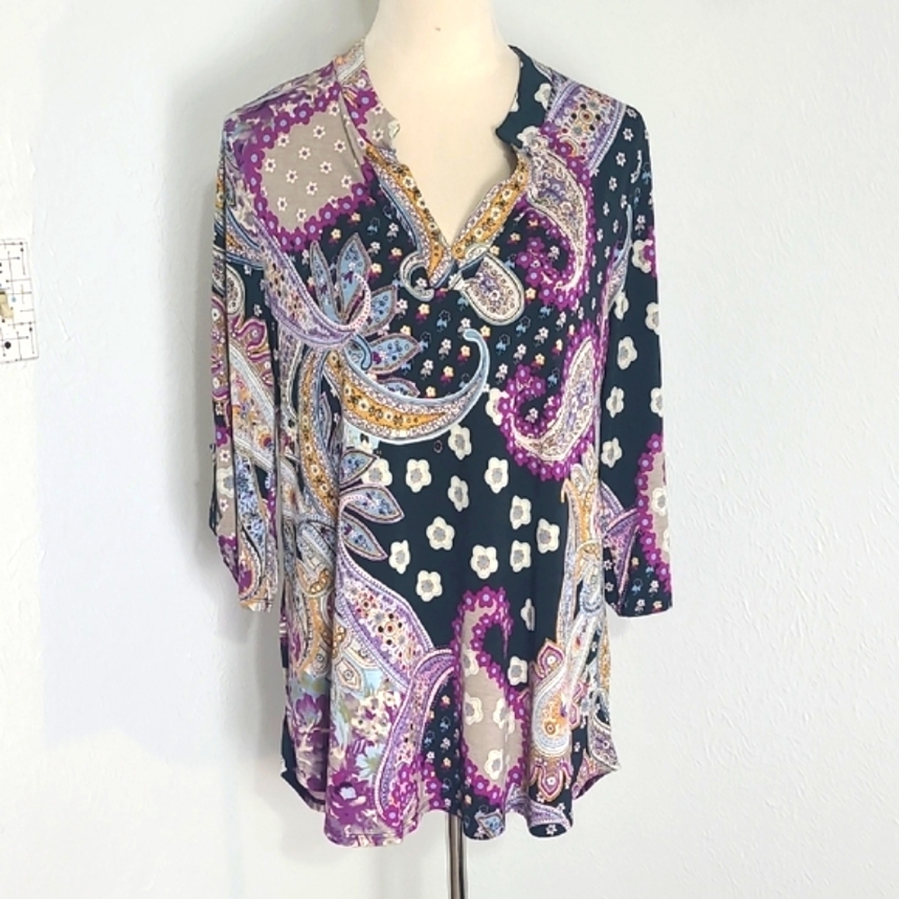 The Pink Coconut Boutique Purple & Black Paisley Print High-low Top, Size Medium